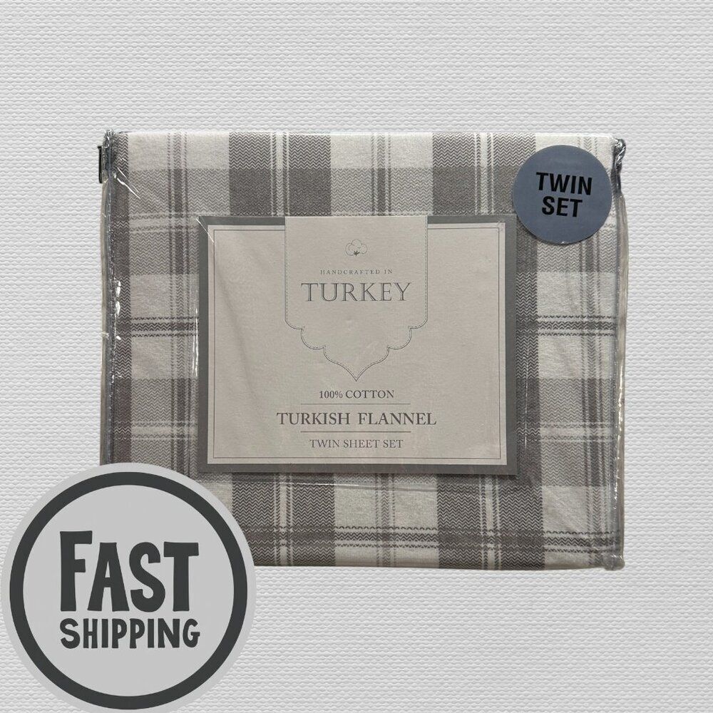 TURKISH COTTON 3 PIECE TWIN SHEET SET - Flannel 100% Cotton Gray/White - NWT
